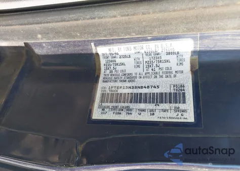 1995 Ford F150 z USA, uszkodzony, nr VIN 1FTEF15N3SNB48745